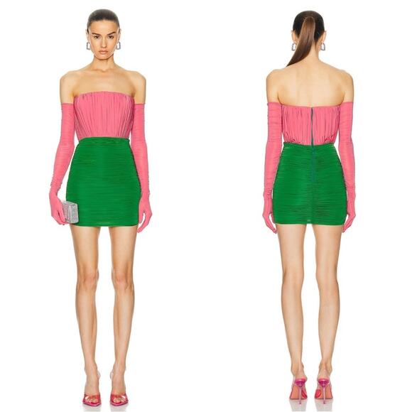 Alex Perry Ruched Strapless Jersey Pink and Green Mini Dress with Gloves Size 6 - Picture 1 of 13